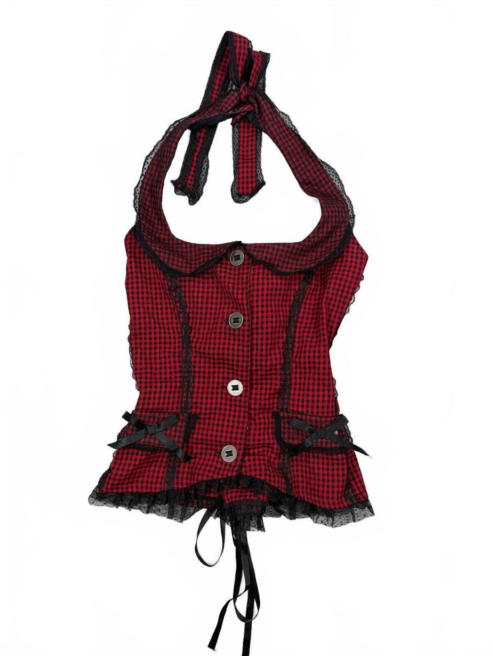 Vintage Tripp NYC Red Black Bo Peep Halter Corset Top Size M Y2K Goth Whimsigoth